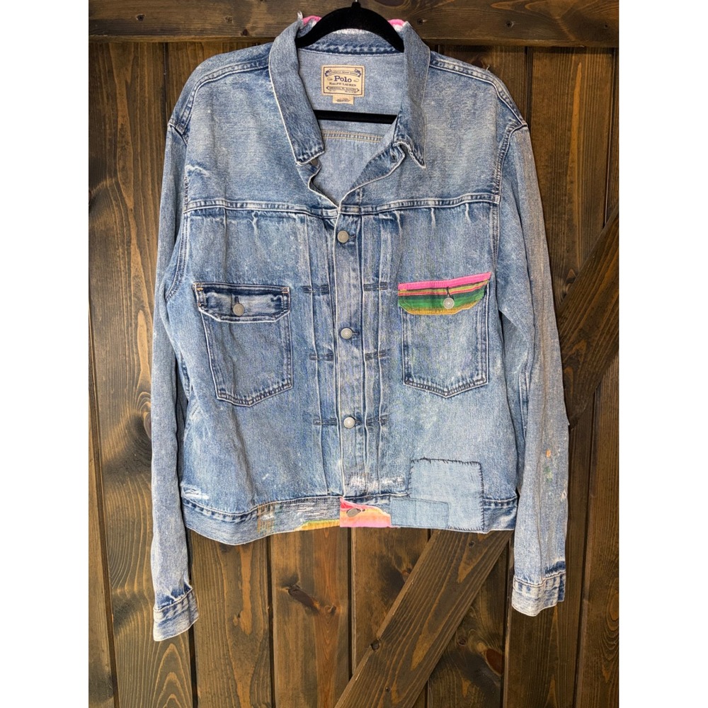 POLO RALPH LAUREN Men's Blue Distress Serape Patchwork Denim Trucker Jacket XL